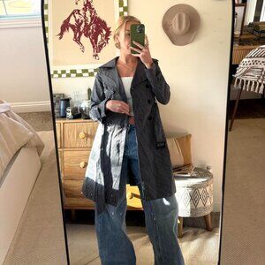 BEBE BLACK WHITE PINSTRIPE TRENCH COAT WOMENS SIZE XS